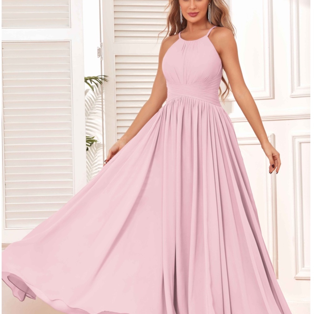 POMUYOO Flowing Halter Sleeveless Floor Length Bridesmaid Dress.Pink.